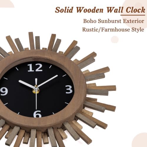 Honiway 12 Inch Wall Clock, Battery Operated, Rustic Wood Boho Sunburst - Image 6