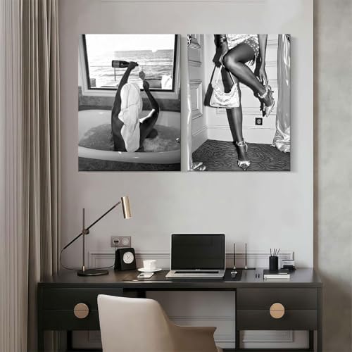 2pcs Fashion Women Canvas Wall Art Black and White Wall Art Aesthetic Posters - Image 3