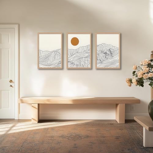 Abstract Wave Line Mountain Framed Canvas Wall Art, Boho Sun Wall Decor - Image 4