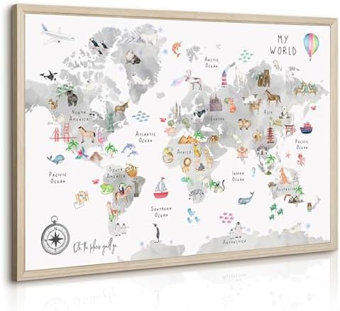 Joocrise Grey Kids World Map Wall Art Animal Map Canvas Wall Art Nursery Wall by Unknown