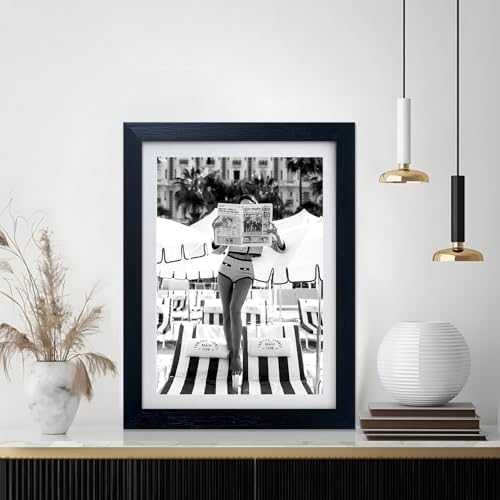 Framed Black and White Summer Wall Art Woman Reading Newspaper Beach Canvas - Image 5