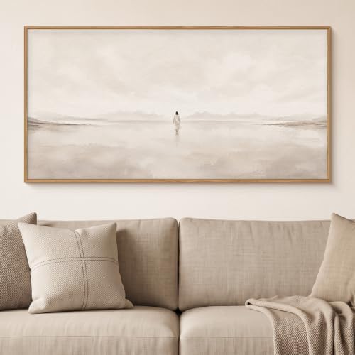 Large Abstract Jesus Christian Framed Canvas Wall Art, Neutral Beige Lake Wall - Image 2