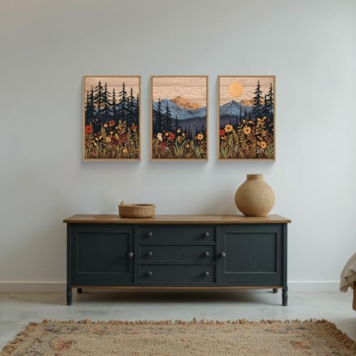 HOURIA Mid Century Woodland Mountain Framed Canvas Wall Art Set-24"x36"x3 - Image 3