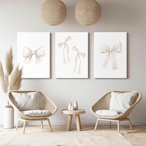 Preppy Bow Wall Art Decor Set of 3 Beige Coquette Wall Art Aesthetic Canvas - Image 6