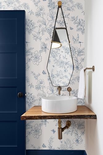 Froluya Cream White and Blue Peel and Stick Wallpaper Floral Contact Paper - Image 2