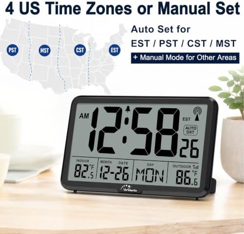 WallarGe Atomic Clock with Backlit, Indoor Outdoor Temp, Battery Operated - Image 3