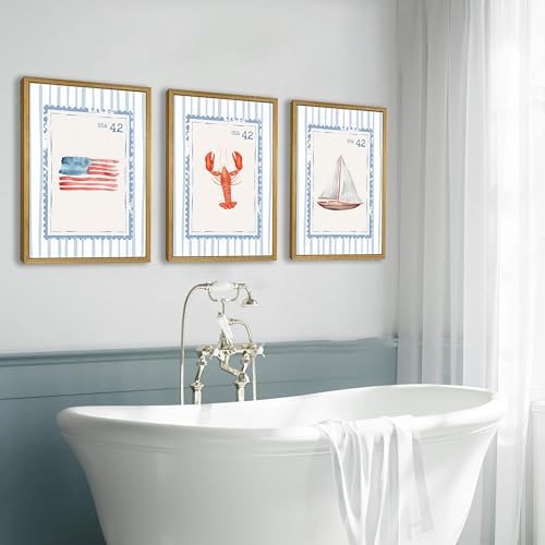 Wood Framed Blue Beach Stamp Set of 3 Canvas Poster Coastal Granddaughter Room - Image 4