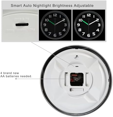 HITO 10 Inch Night Light Wall Clock Battery Operated Brightness Adjustable - Image 4