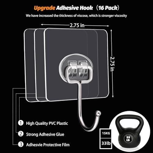 DKHDBD Adhesive Hooks 16 Pack 33lb Heavy Duty Waterproof - Image 2