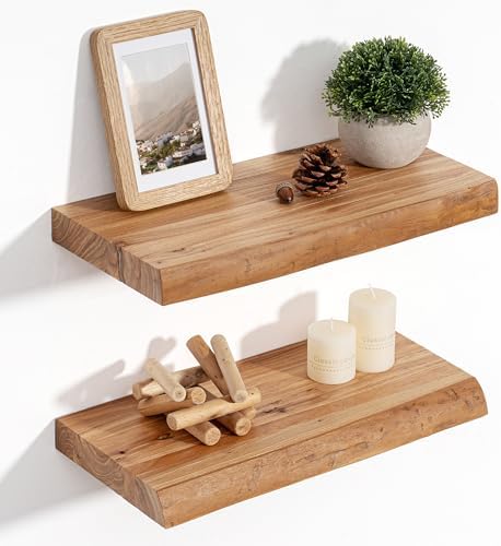 Floating Shelves for Wall Decor, Rustic Solid Elm Wood Live Edge Floating by FLYJOE
