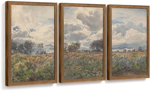 Vintage Framed Farmhouse Wildflower Meadow Landscape Wall Art Set of 3 by Unknown