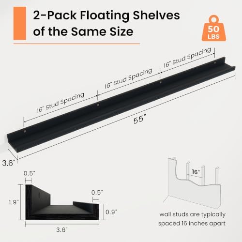 RICHFOCUS Picture Ledge Shelf, 55 inch Floating Shelves Set of 2, Wood Wall - Image 3