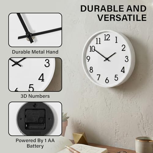 Clockswise 11" Modern Minimalist Round Wall Clock Black Arabic Numerals White - Image 6