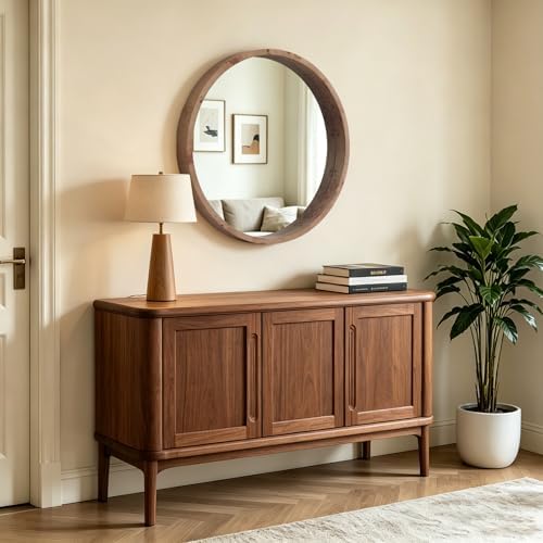 WallBeyond 24 Inch Round Wood Mirror, Burlwood Grain Wood Frame Circle Mirror - Image 3