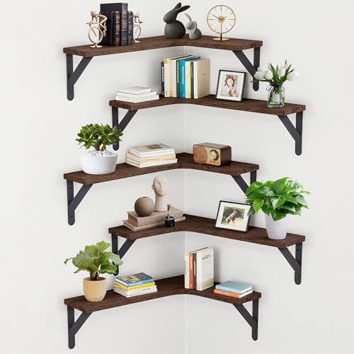 Corner Floating Shelves Set of 5, Rustic Wood Shelves, Dark Brown by RAIHOMKIT