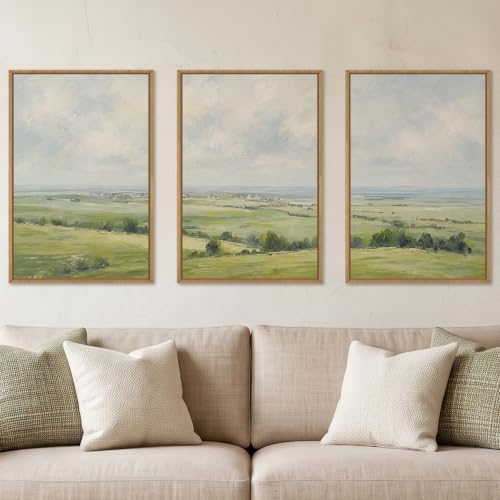 HOURIA Vintage Green Countryside Field Framed Canvas Wall Art Set, Rolling - Image 2
