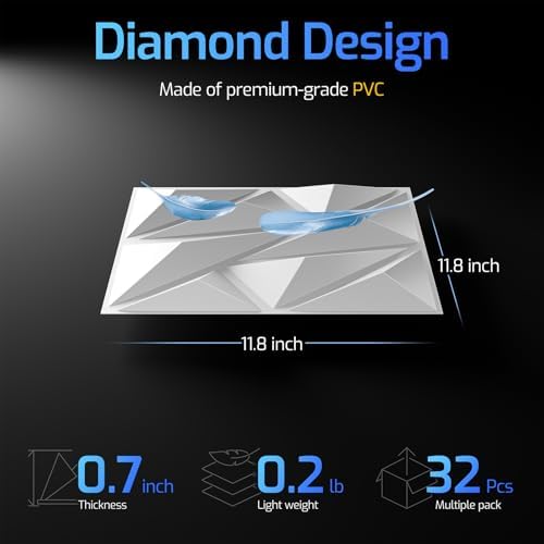 3D Wall Panels White 32 Pack 12" x 12" Diamond Texture PVC - Image 3
