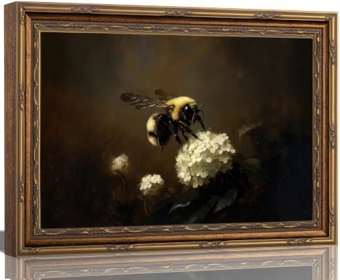 Vintage Gold Framed Bee Hydrangea Canvas Wall Art 12x16 Inch by Livingroomwallart