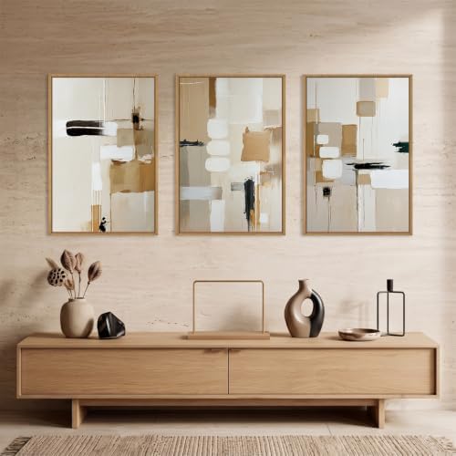 Large Abstract Beige Framed Canvas Wall Art Set, Neutral Textures Wall Decor - Image 2