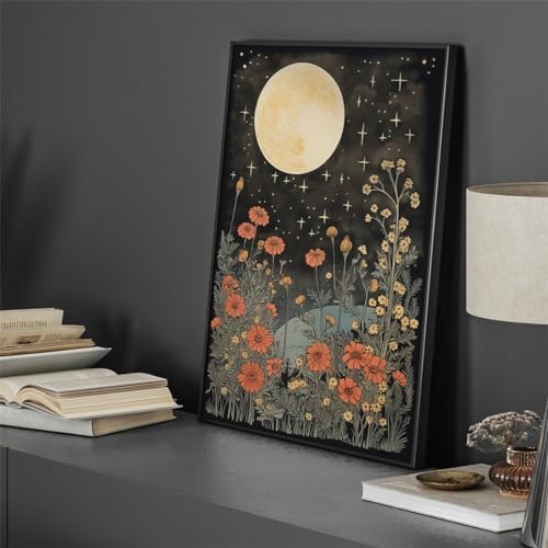 Vintage Moon Flowers Canvas Wall Art, Retro Mystical Celestial Moon Poster - Image 6