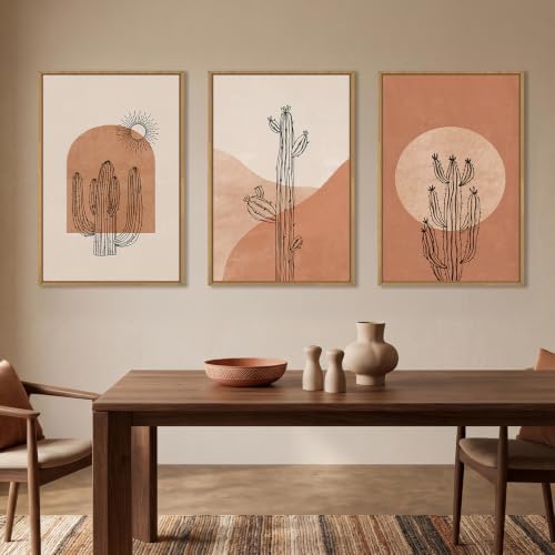 Large Boho Minimalist Cactus Framed Canvas Wall Art Set -16"x24"x3 - Image 3
