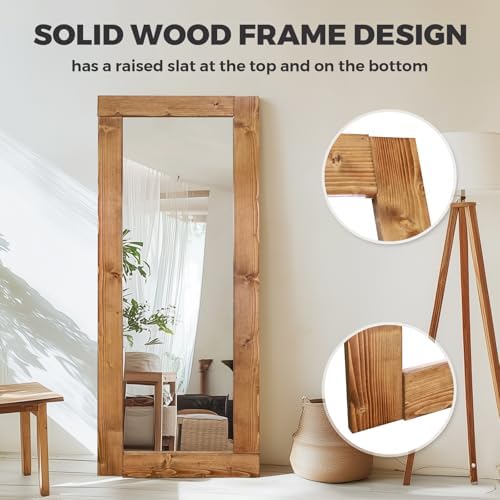 65x24in Full Length Mirror, Solid Wood Convex Frame, Light Brown - Image 3