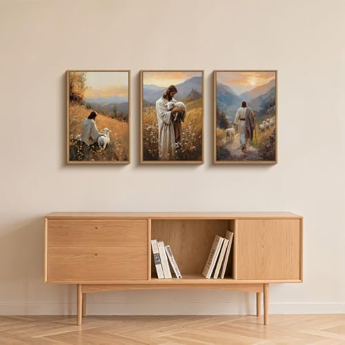 HOURIA Jesus Christ Leaves the 99 Sheep Framed Canvas Wall Art Set, Christian - Image 3