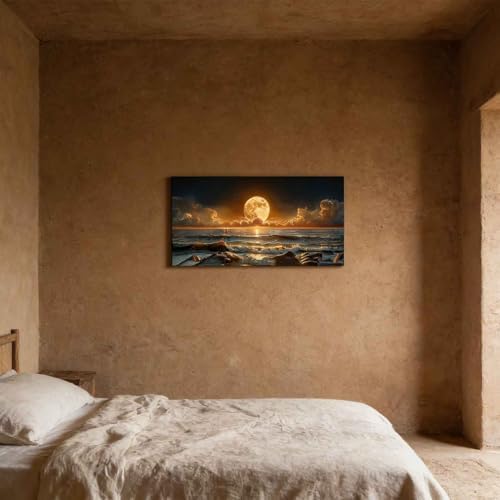 Giant Full Moon Ocean Night Canvas Wall Art Large Gilded Waves Landscape Decor - Image 6