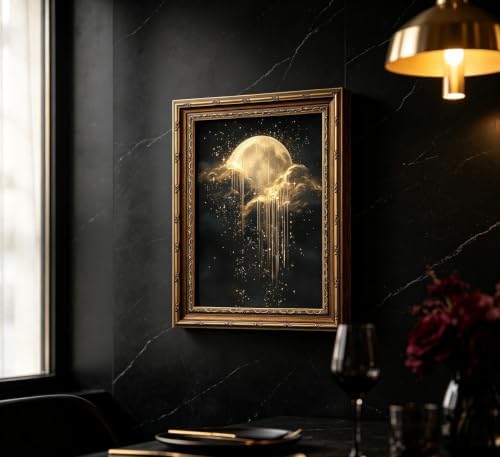 Vintage Gold Framed Moon Cloud Wall Art, Dark Academia Sky Canvas Print - Image 4