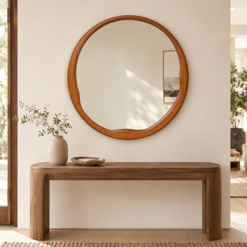 Warm Walnut 36 Inch Round Wood Wall Mirror, Asymmetrical Inner Edge - Image 6