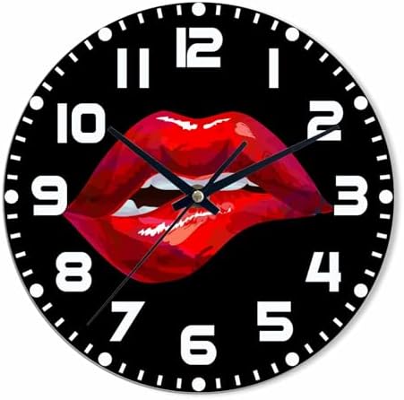 Red Lips Wall Clock Sexy Biting Lips on Black Background Battery Powered Wall by NOMEDOGYIM