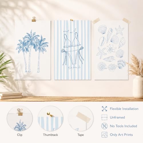 3Pcs Blue Coastal Unframed Canvas Wall Art, Preppy Beach Summer Decor - Image 4