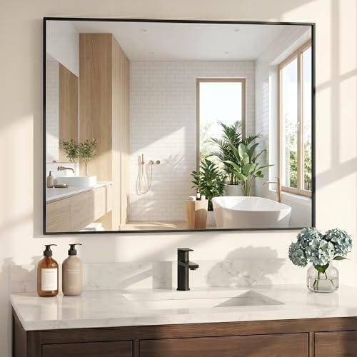40"x30" Matte Black Framed Rectangle Bathroom Vanity Wall Mirror by Pocetry