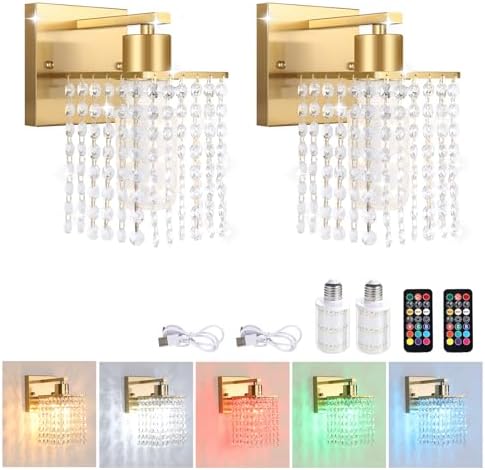 Shenmoyl Set of 2 Crystal Battery Operated Wall Sconce, Rechargeable Wall Lamp by Shenmoyl