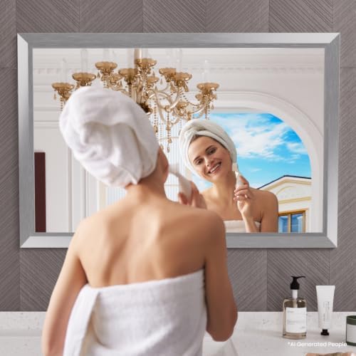 Amorho Bathroom Mirror for Wall 48x32 Inch, Brushed Silver Metal Framed - Image 6