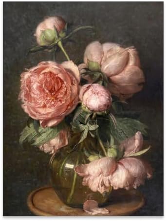 Heltrappe Moody Pink Peony Wall Art Spring Dark Academia Antique Floral Poster by Heltrappe