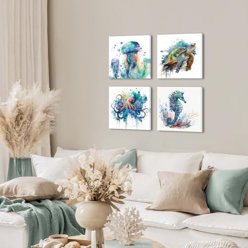 Sea Turtle Bathroom Decor Ocean Animals Canvas Prints Teal Octopus Wall Art - Image 3