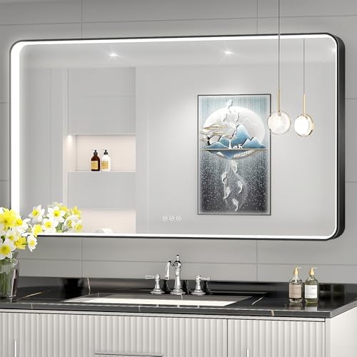 LED Mirror for Bathroom 48X28 Inch Black Framed by Oerbasz