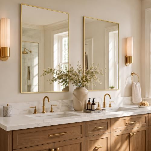 36"x24" Brushed Gold Framed Rectangle Bathroom Vanity Wall Mirror - Image 6