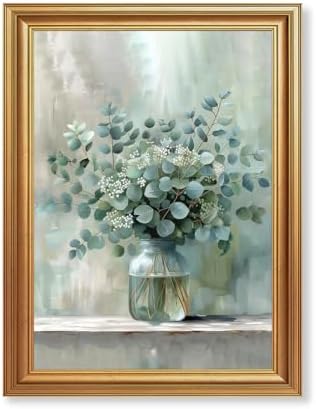 EJPFOGV White Flowers Eucalyptus Still Life Framed Canvas Wall Art 12x16 in by FramedCanvasWallArt