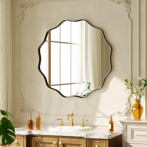 20" Decorative Scalloped Round Wall Mirror, Wavy Metal Deep Frame by Unknown