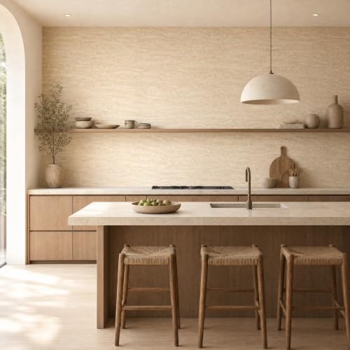 Bumoo Beige Cream Travertine Wallpaper Peel and Stick Limewash Yellow 16" x354" by Bumoo