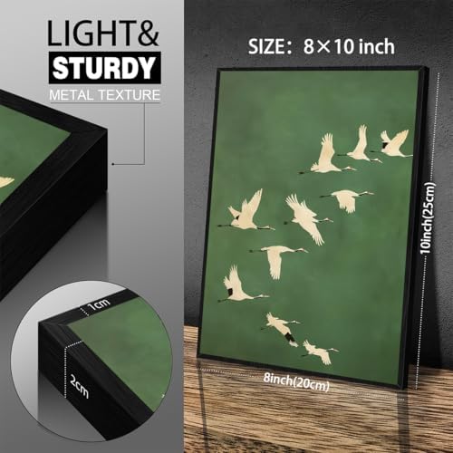 Emerald Green Gold Cranes Wall Art Japanese Bird Poster 08x10 inch Black Framed - Image 2
