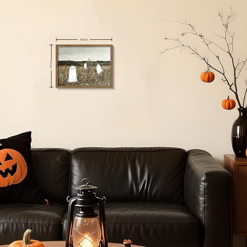 Framed Vintage Halloween Wall Art, Cute Ghost Meadow Painting, Rustic Landscape - Image 3