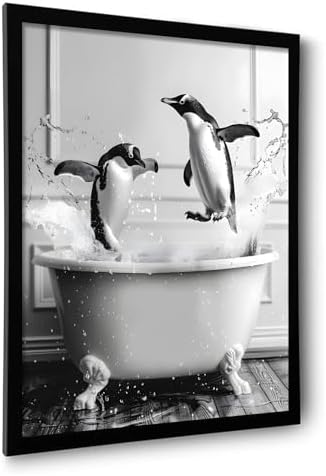 OIQArtOIQ Funny Bathroom Framed Wall Art Black and White Animal Canvas Wall Art by OIQArtOIQ