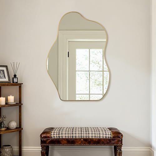 Irregular Asymmetrical Wall Mirror, 36x24 Inch Gold Bathroom Mirror - Image 3