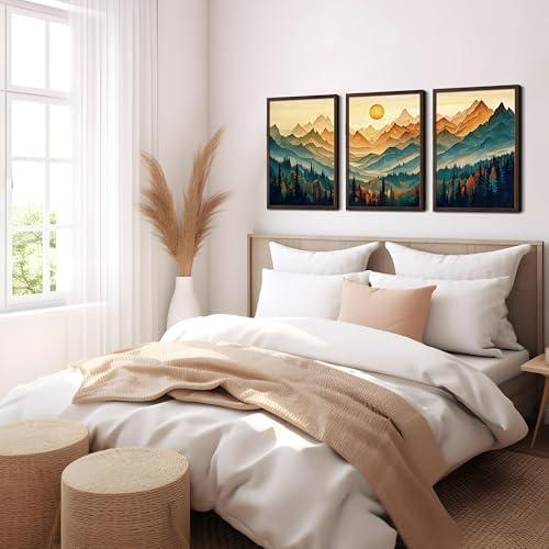 Framed Boho Wall Art Set of 3, Boho Wall Decor, Sunrise Mountain Canvas Prints - Image 4