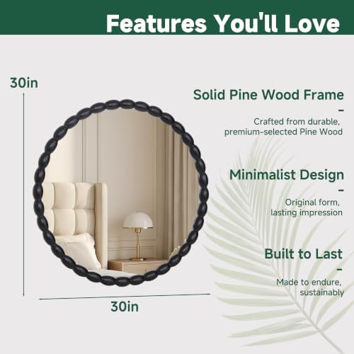 30"x30" Round Solid Wood Farmhouse Decorative Wall Mirror - Image 2