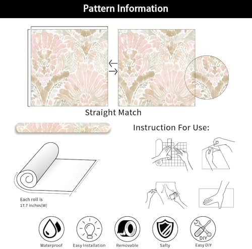 Boho White Pink Damask Watercolor Geometric Peel and Stick Wallpaper Wall Decor - Image 7