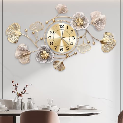 36" Modern Farmhouse Large Decorative Wall Clock, Ginkgo Metal Art by JXQXYN